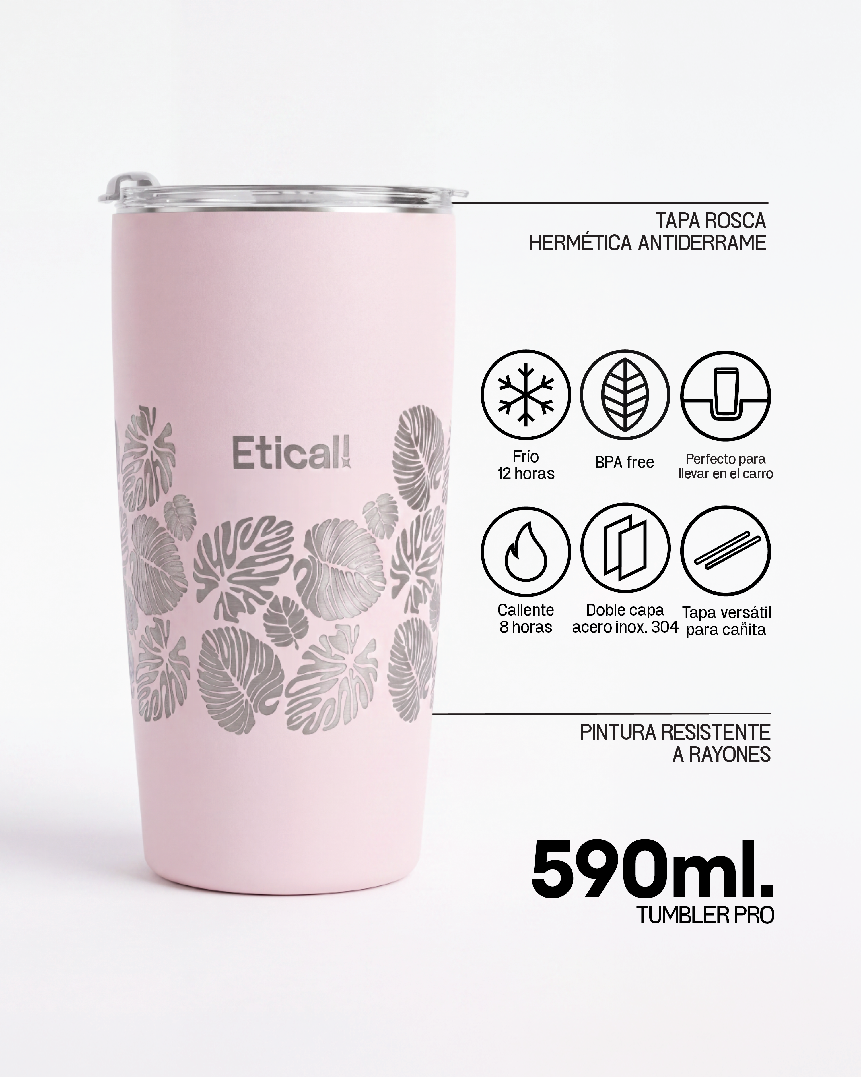 Tumbler PRO 590ml - Colección Monstera ROSADO