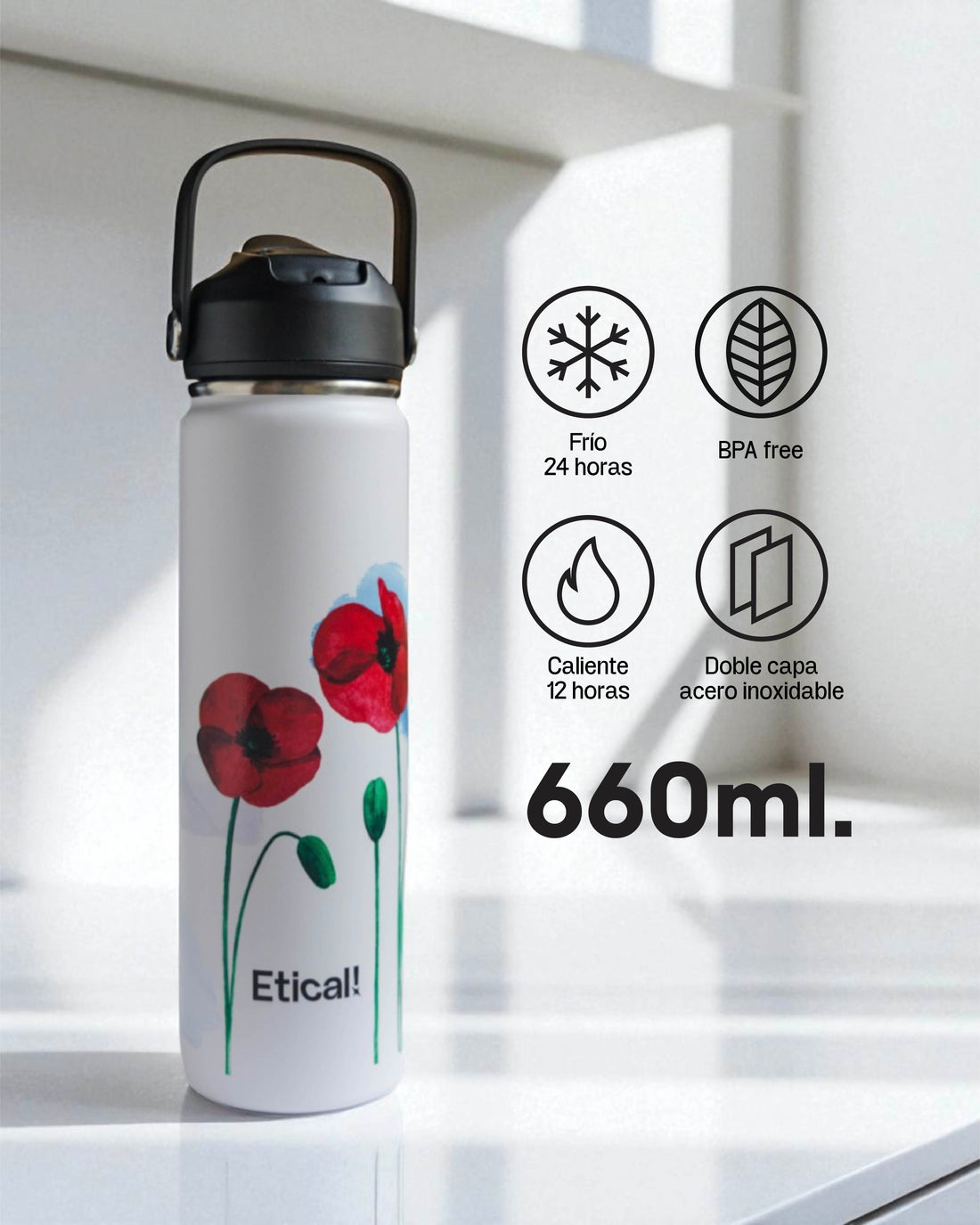 Etical Sport Bottle 660ml Blanco Artic &quot;Poppies&quot;