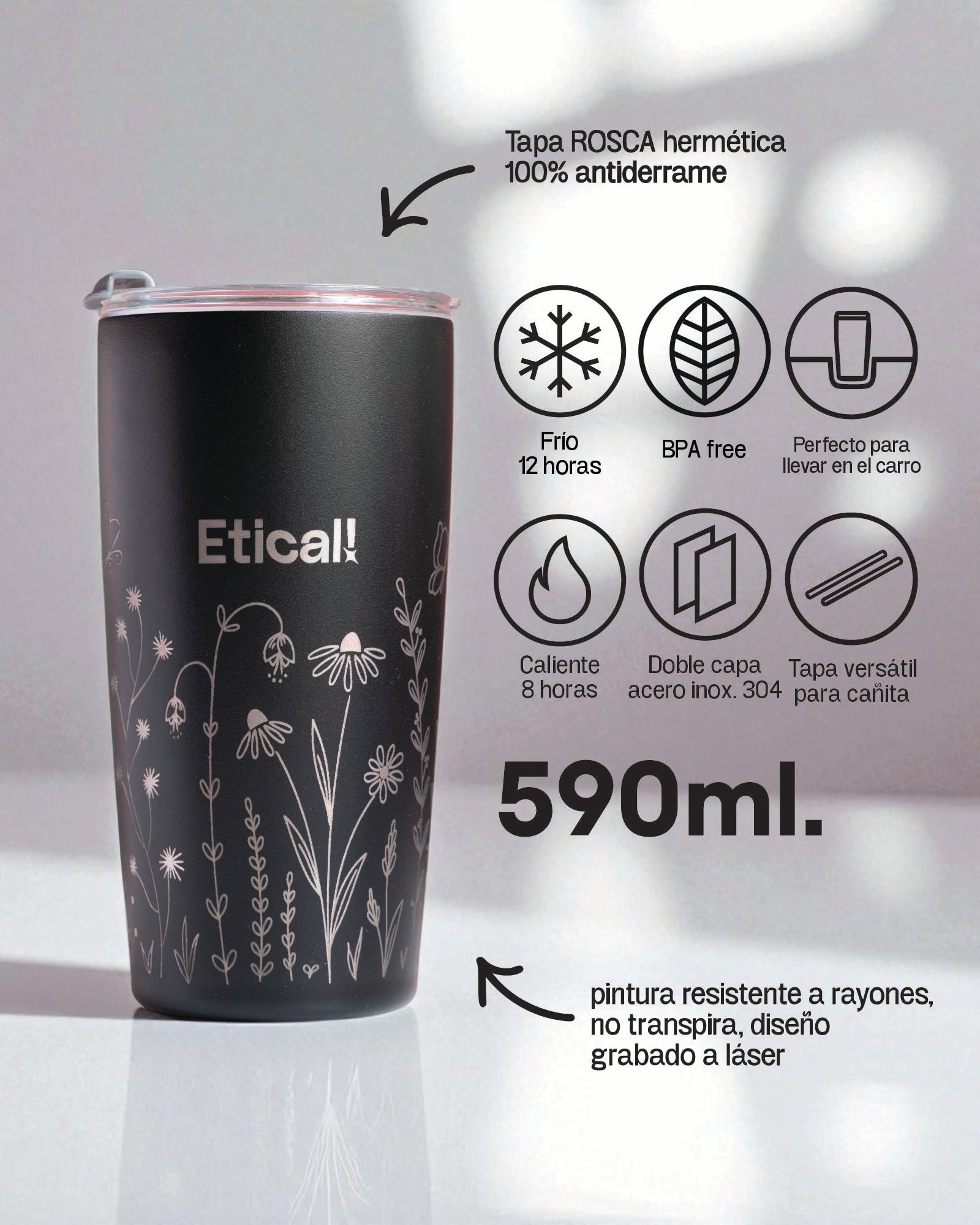 Tumbler PRO 590ml - Colección Jardín NEGRO